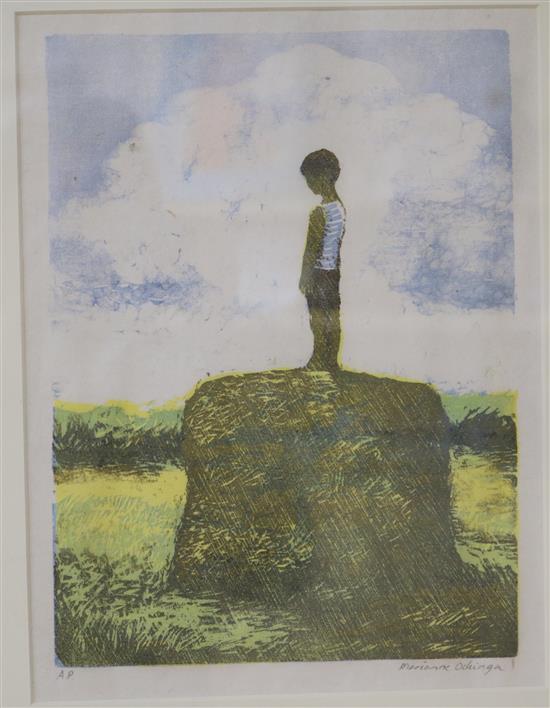 Marianne Ockinga, linocut, child on a haystack, signed in pencil, 26 x 19cm